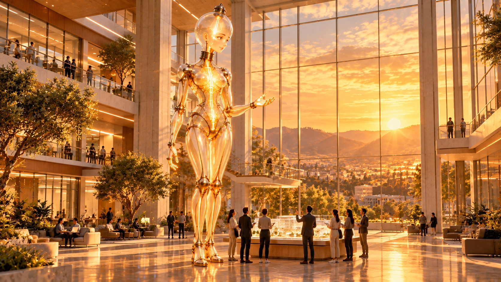 Focus Pro colabora a escala de 10 metros con un equipo en un entorno empresarial 3D.