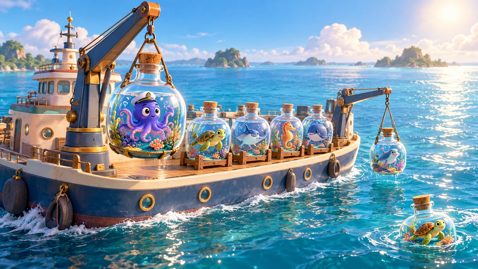 Plataforma-barco con grúas que prepara y baja mundos-botella al océano.